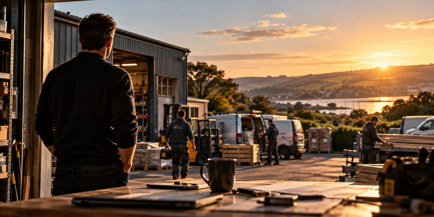 Illustration of a business owner standing back in a workshop doorway, watching staff load vans and work in the yard at the end of the day