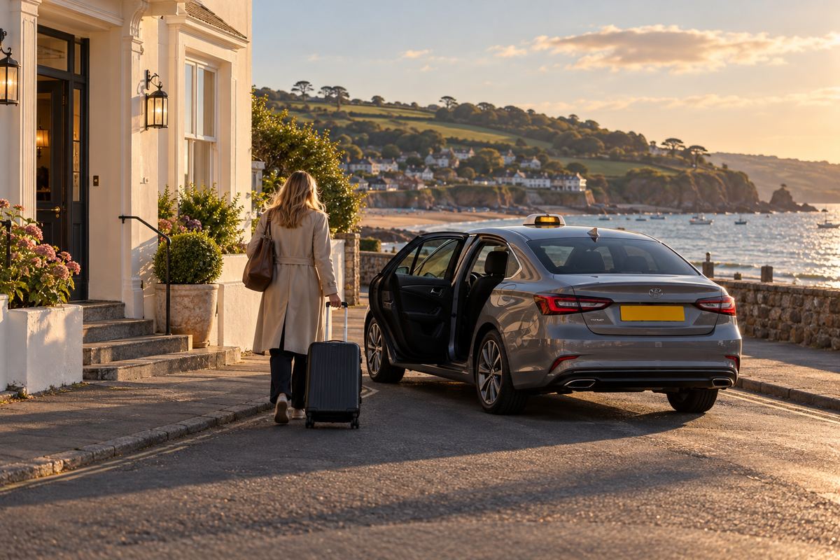 A grey saloon with a taxi roof light waiting with its rear door open outside a white seaside hotel, a woman with a wheeled suitcase walking towards it