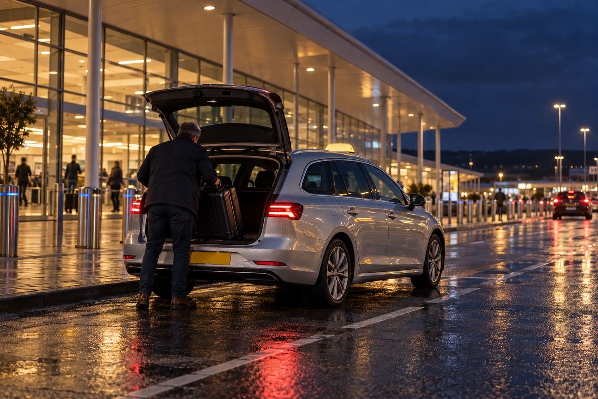 A silver estate car with a taxi roof light at an airport drop-off at night, its boot open while a man lifts out a suitcase, the terminal lit behind