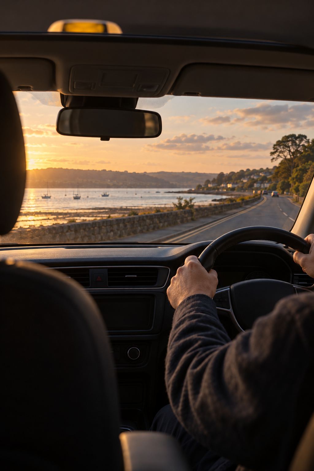 Hands on the steering wheel of a right hand drive car on a coast road along the estuary at sunset, boats moored on the water