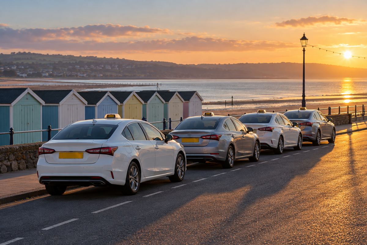 Four white and silver taxis with roof lights parked in a row along a promenade at sunrise, pastel beach huts and the sea behind