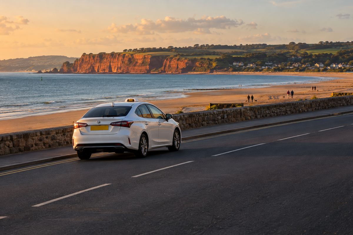 A white saloon with a taxi roof light driving along the seafront road at Exmouth at sunset, the beach and the red cliffs of Orcombe Point beyond