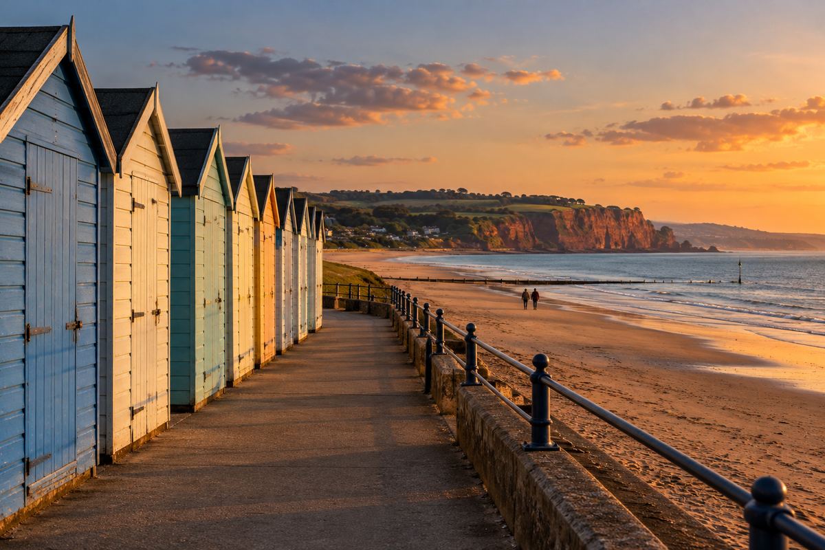A row of pastel beach huts along the promenade at Exmouth at dusk, the beach and the red cliffs beyond