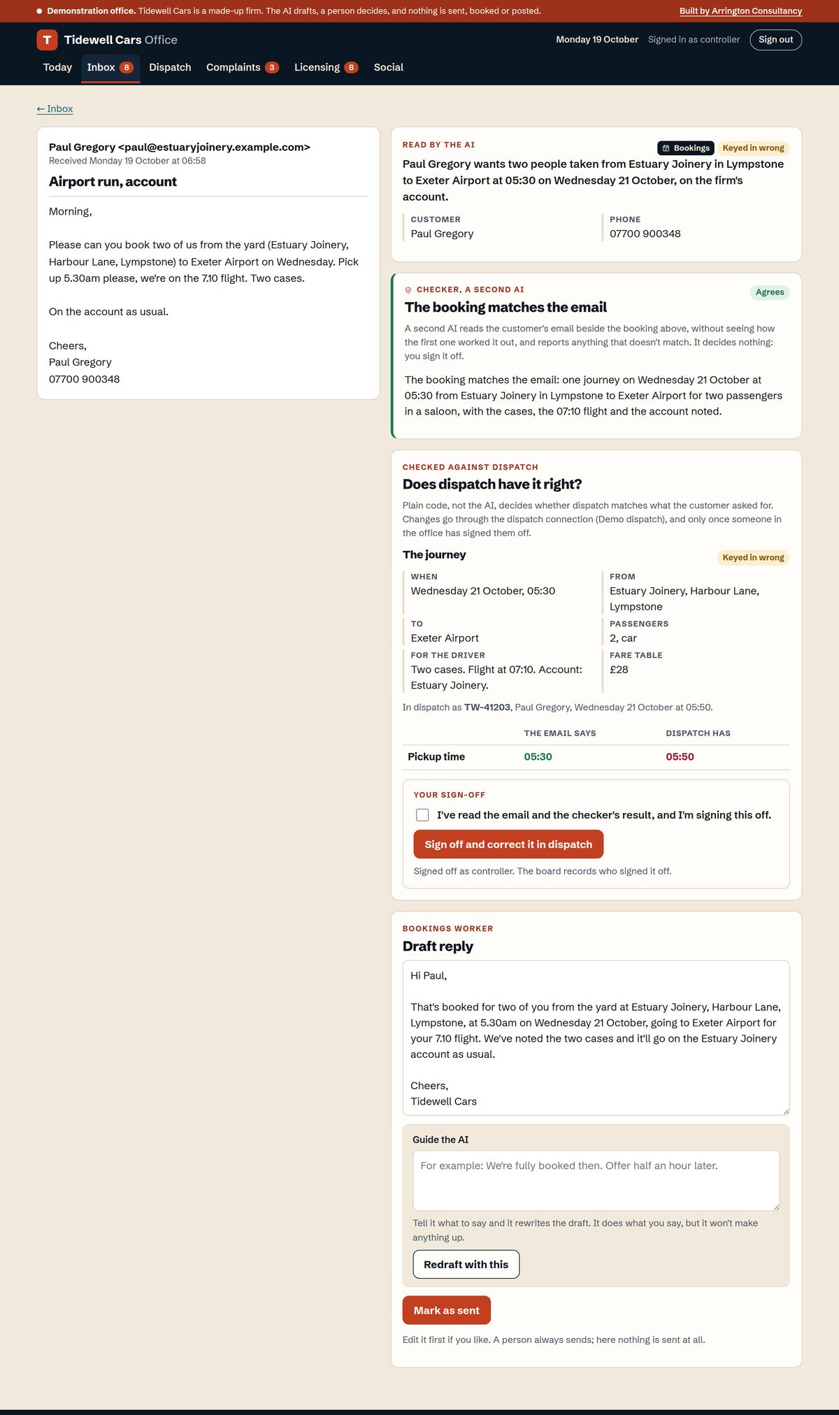 Screenshot of a booking email beside the AI's reading of it. Under "Does dispatch have it right?" the email says 05:30 and dispatch has 05:50. Above it a second AI has checked the booking against the email; below it are a sign-off box, a button to correct it in dispatch, and the draft reply.