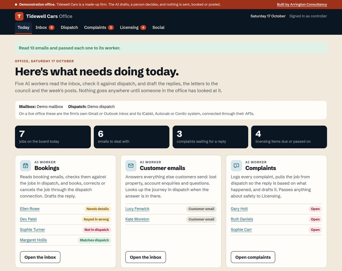 Screenshot of the office Today page: four counts across the top, then a card for each AI worker listing the emails it has, each marked as matching dispatch, keyed in wrong, not in dispatch or needing details.