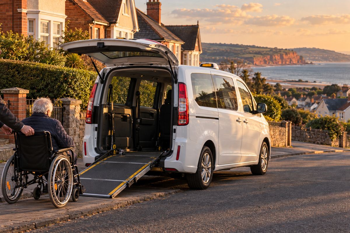 A white wheelchair accessible taxi with its rear ramp lowered to the pavement on a residential street, a wheelchair user at the foot of the ramp with a helper's hand on the chair, the sea beyond